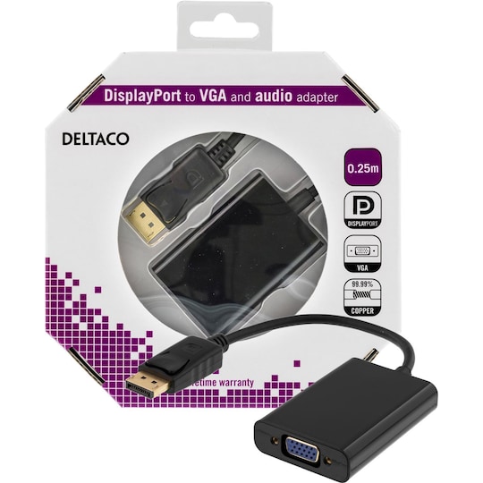 DELTACO DisplayPort till VGA-adapter med ljud, Full HD i 60Hz, svart,