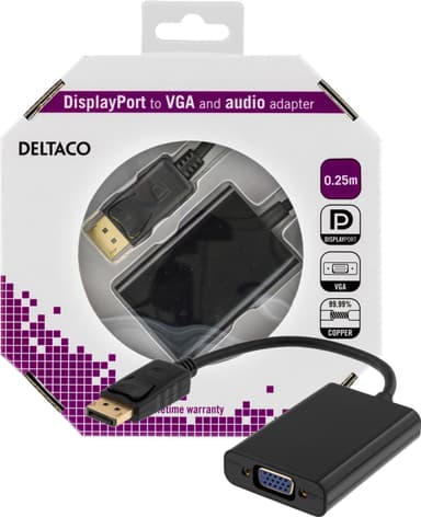 DELTACO DisplayPort till VGA-adapter med ljud, Full HD i 60Hz, svart,