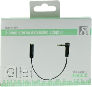 DELTACO vinklad 3,5mm hane till 3,5mm hona, 0,1 m, svart