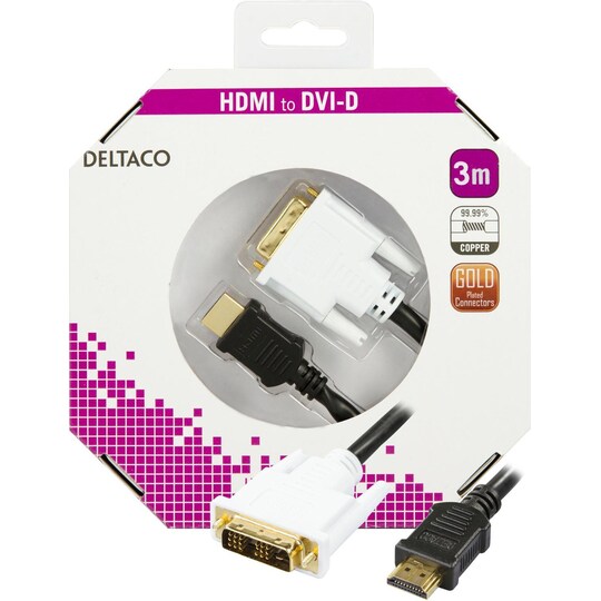 DELTACO HDMI till DVI-kabel, Full HD i 60Hz, 3m, svart/vit