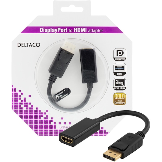 DELTACO DisplayPort till HDMI-adapter med ljud, 4K, 0,2m, svart