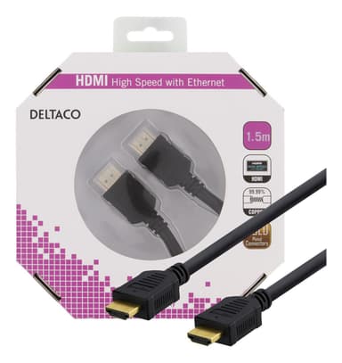 DELTACO HDMI kabel, Premium High Speed HDMI with Ethernet, 1.5m, svart