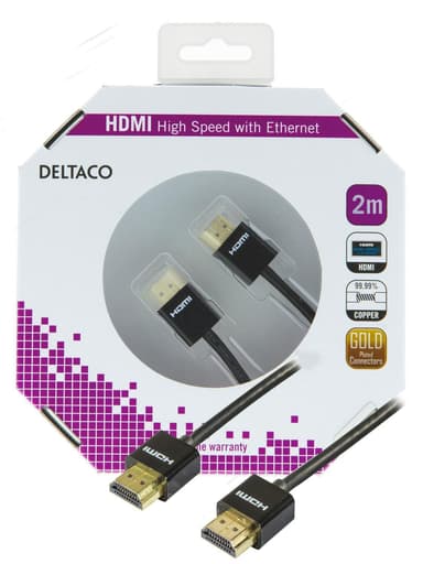 DELTACO tunn HDMI kabel, HDMI High Speed with Ethernet, 2m, svart
