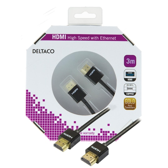 DELTACO tunn HDMI-kabel, HDMI High Speed with Ethernet, 3m, svart