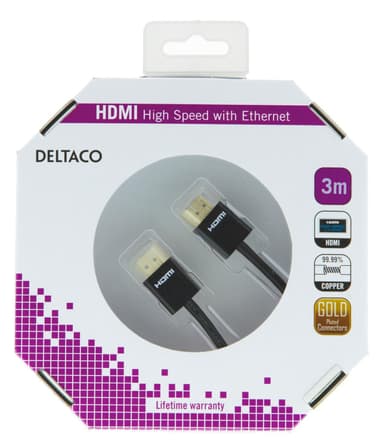 DELTACO tunn HDMI-kabel, HDMI High Speed with Ethernet, 3m, svart