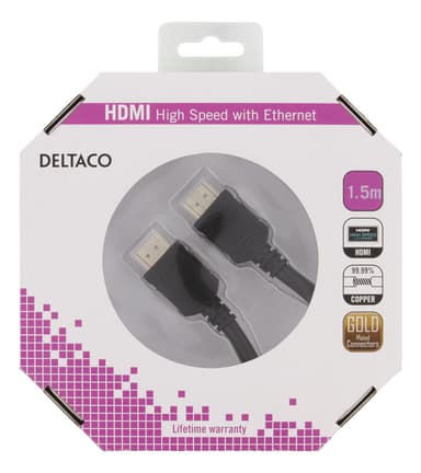 DELTACO HDMI kabel, Premium High Speed HDMI with Ethernet, 1.5m, svart