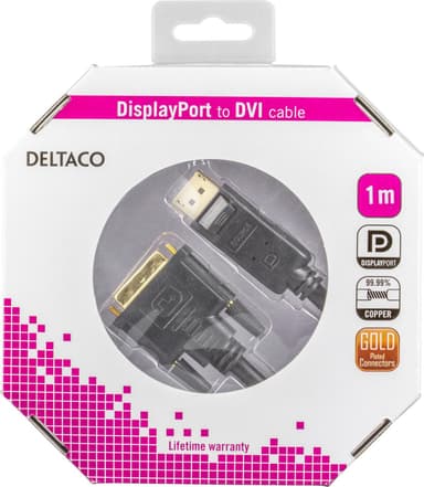 DELTACO DisplayPort till DVI monitorkabel, 20-pin ha - ha 1m, svart