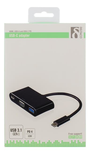 DELTACO USB-C till VGA och USB Typ A adapter, USB-C ho, 60W, svart