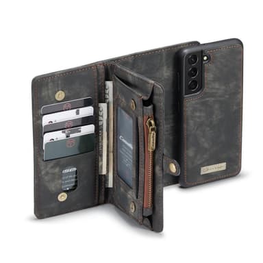 CASEME Samsung Galaxy S21 Retro läder plånboksfodral - Grå/Svart