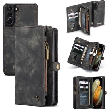 CASEME Samsung Galaxy S21 Retro läder plånboksfodral - Grå/Svart