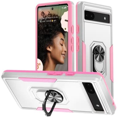 Google Pixel 6A Hybrid skal med Finger Ring & Metall Plåt - Vit/Rosa