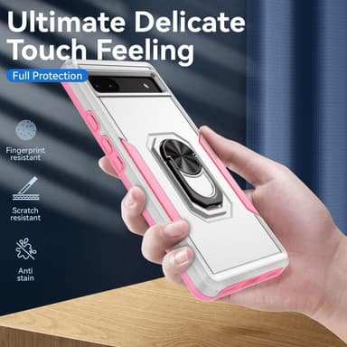 Google Pixel 6A Hybrid skal med Finger Ring & Metall Plåt - Vit/Rosa