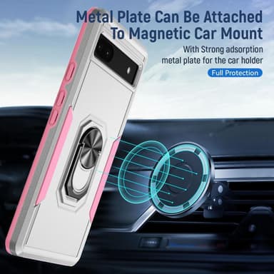 Google Pixel 6A Hybrid skal med Finger Ring & Metall Plåt - Vit/Rosa