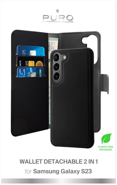 Puro Samsung Galaxy S23 2-i-1 plånboksfodral (svart)