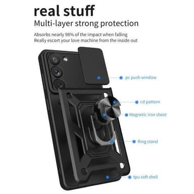 Samsung Galaxy S23 Hybrid skal med Finger Ring & Metall Plåt - Svart