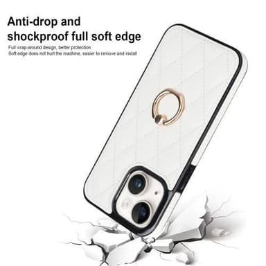 iPhone 14 Rhombus Grid Mönster Skal FingerRing - Vit