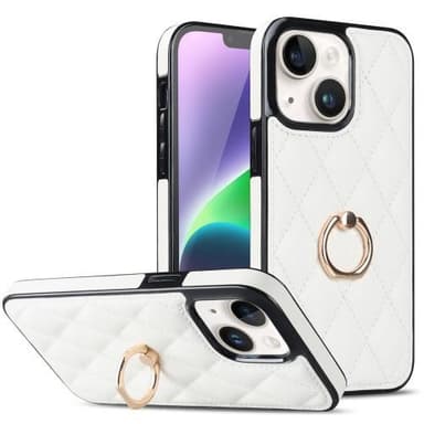 iPhone 14 Rhombus Grid Mönster Skal FingerRing - Vit