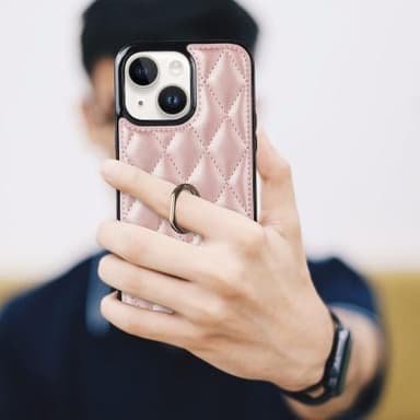 iPhone 14 Rhombus Grid Mönster Skal FingerRing - Rose Gold