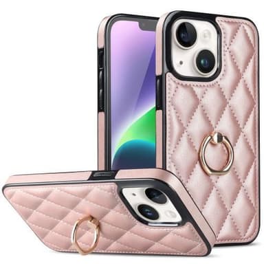 iPhone 14 Rhombus Grid Mönster Skal FingerRing - Rose Gold