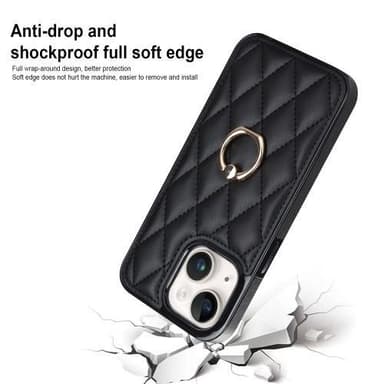 iPhone 14 Rhombus Grid Mönster Skal FingerRing - Svart