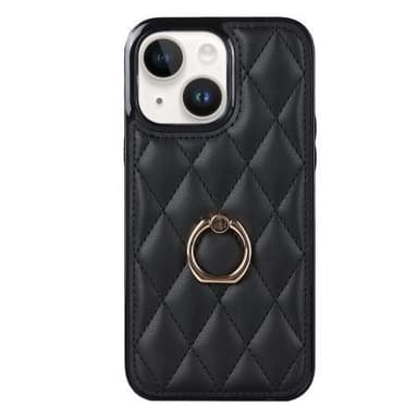 iPhone 14 Rhombus Grid Mönster Skal FingerRing - Svart