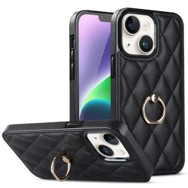 iPhone 14 Rhombus Grid Mönster Skal FingerRing - Svart