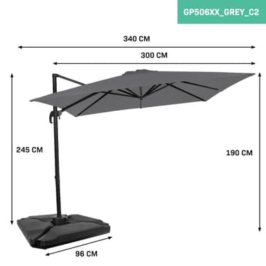 VONROC Parasoll Pisogne 300x300cm –  Premium parasoll - Grå |Inkl. 4st Parasollplattor