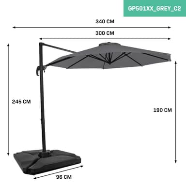 VONROC Parasoll Bardolino 300cm – Premium parasoll -  Grå |Inkl. 4st Parasollplattor