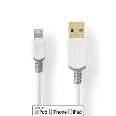 Nedis Lightning Kabel | USB 2.0 | Apple Lightning, 8-stifts | USB-A Hane | 480 Mbps | Guldplaterad | 2.00 m | Rund | PVC | Grå / Vit | Låda