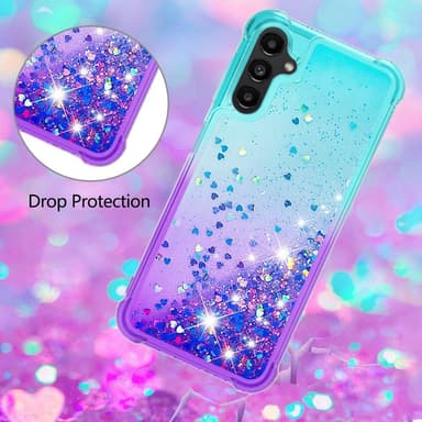 SKALO Samsung A14 5G Kvicksand Glitter Hjärtan TPU-skal - Turkos-Lila
