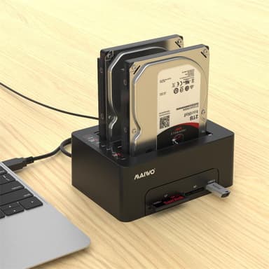 Maiwo K3082CR USB3.1 GEN1 5Gbps Dockningsstation, 2st SATA HDD SDD 14TB med stöd för UASP, Stöd för SATAIII 6Gbps, kloning, kortläsare, USB hub