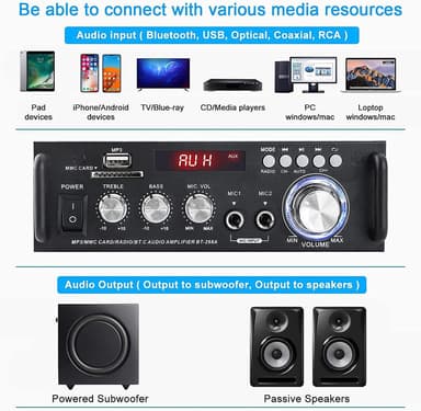 NÖRDIC Bluetooth 5.0 Stereo amplifier 2x40W AUX/USB/BT Audio förstärkare med FM mottagare, 2xMIC input