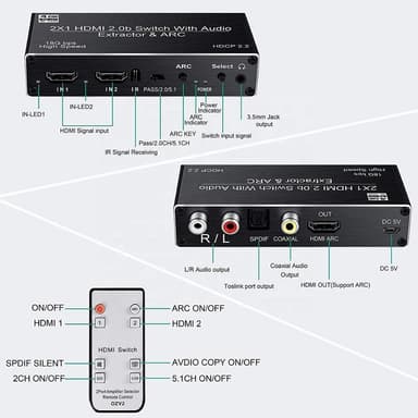 NÖRDIC HDMI switch 2 till 1 med Audio Extractor och ARC 4K 60hz SPDIF Coaxial RCA L/R och stereo