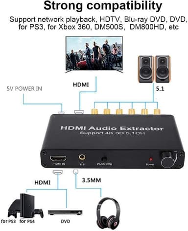 NÖRDIC 4K 3D HDMI Audio Extractor 5.1CH 6RCA stöd för DTS/AC3