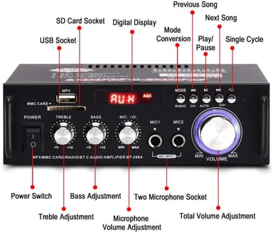 NÖRDIC Bluetooth 5.0 Stereo amplifier 2x40W AUX/USB/BT Audio förstärkare med FM mottagare, 2xMIC input