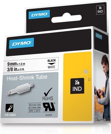 DYMO RhinoPRO märkbar krympslang 9mm, svart på vitt, 1.5m rulle (18053)