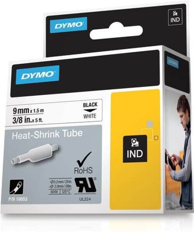 DYMO RhinoPRO märkbar krympslang 9mm, svart på vitt, 1.5m rulle (18053)