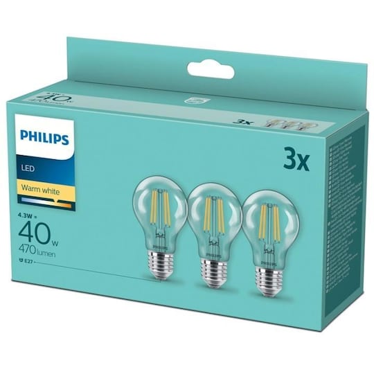 Philips 3-pack LED E27 Normal Klar 40W