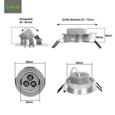 ECD Germany 3-pack LED-infälld strålkastare 3W 230V - Ø8,5cm - 214 lumen -