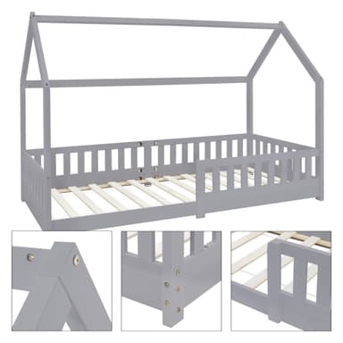 Barnsäng Fall-Out Protection Barns grå säng Trä säng 200x90cm Pine Wood