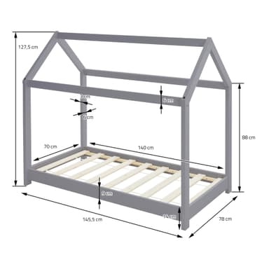 ML Design Spjälsäng 70x140 cm med tak och slatt ram, ljusgrå, husbädd för tjejer