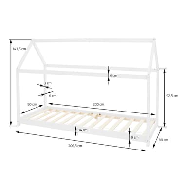 ML Design Spjälsäng 90x200cm med tak och slattram, vit, husbädd för tjejer och