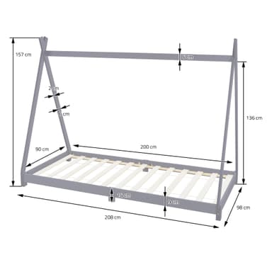 ML Design cot tipi 90 x 200cm med slatt ram, ljusgrå, indisk säng gjord av