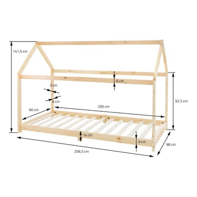 ML Design Spjälsäng 90 x 200 cm med tak och slattram, natur, husbädd för tjejer