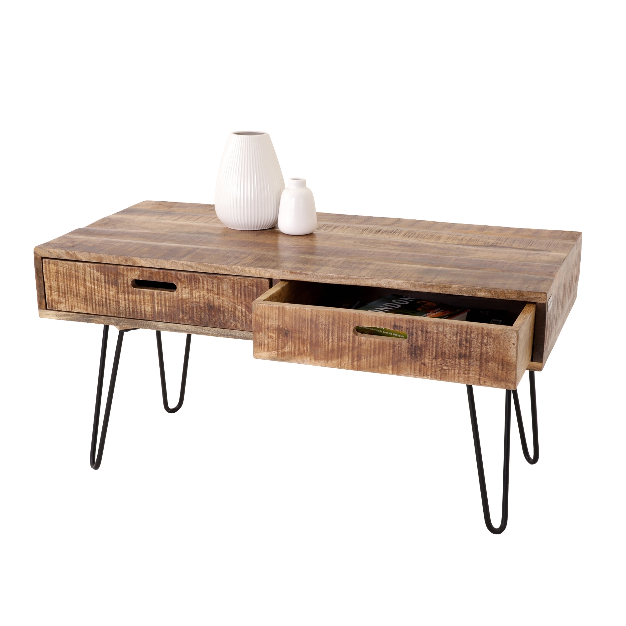 WOMO-DESIGN Modernt soffbord 100cm naturligt massivt trä mangoträ med 2 lådor