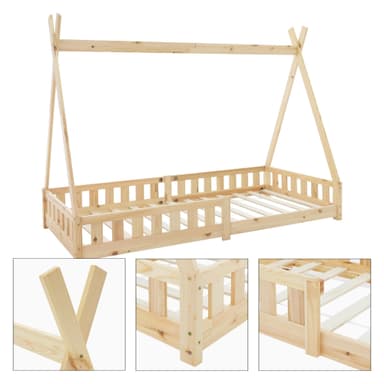 Barnsäng Teepee Nature Fall-Out Protection Wooden Bed House Bed Pine Wood