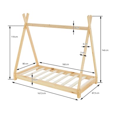ML Design cot tipi 80 x 160cm med slatt ram, natur, indisk säng gjord av massivt