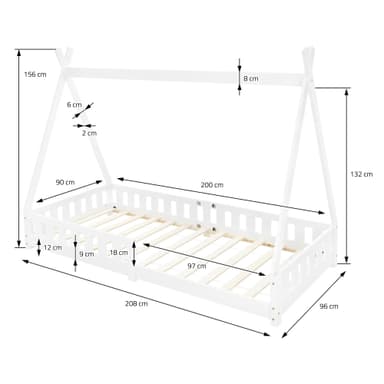 Tipi säng Tipi White Fall Out Trä säng hus säng Pine Wood 200x90cm