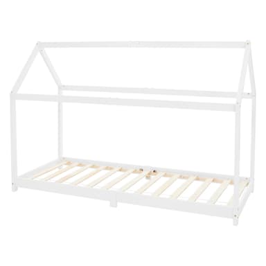 ML Design Spjälsäng 90x200cm med tak och slattram, vit, husbädd för tjejer och