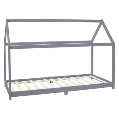 ML Design Spjälsäng 90x200cm med tak och slatt ram, ljusgrå, husbädd för tjejer